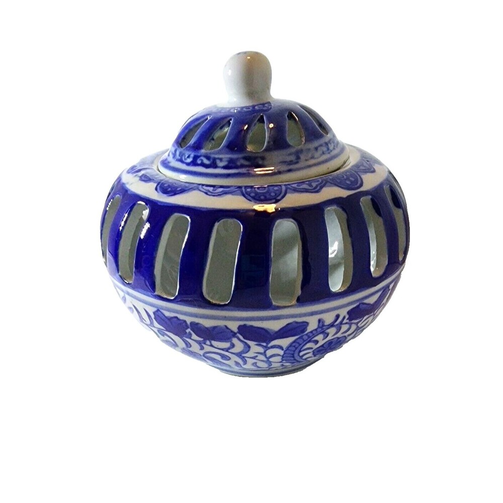 Chinese Porcelain Reticulated Lidded Potpourri Incense Burner Cobalt Blue Vtg